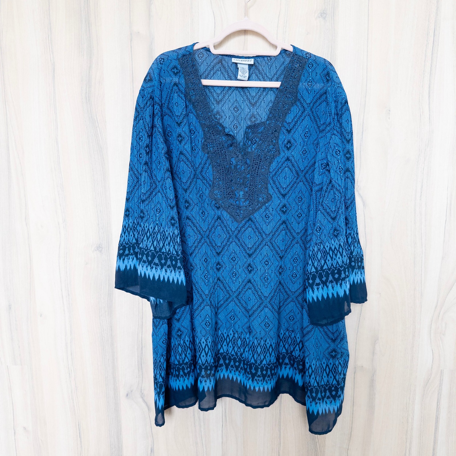 Catherines Womens Tunic Blouse 3x Blue Geometric Lace Bell Sleeve Boho Coastal